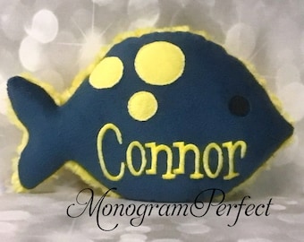 Peluche a forma di pesce in peluche personalizzato blu navy e giallo