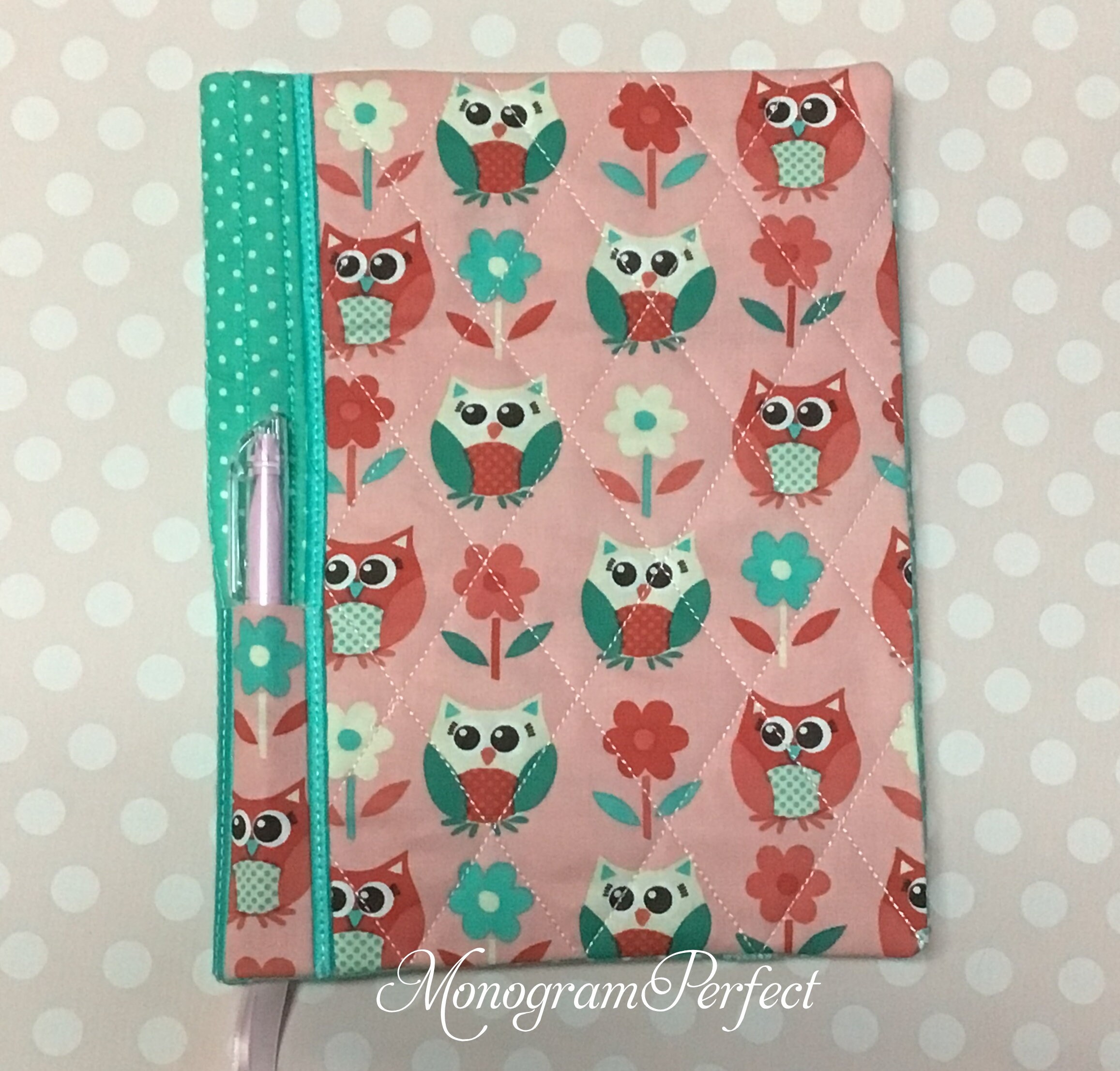 Turquoise and Pink Owl Print Fabric Composition Reusable Notebook Cover with Pen Holder (Pen not inc