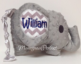 Personalized Floppy Ear Gray & Gray Chevron Plush Stuffed Elephant Soft Toy, Pillow