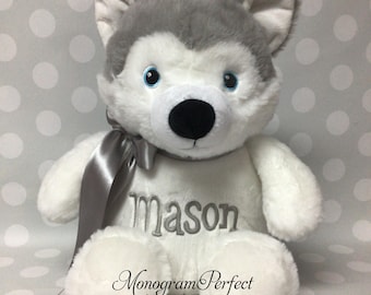 Personalized Gray Wolf Stuffed Animal - sits 13" tall