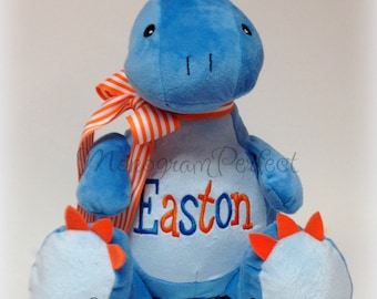 Personalized, Monogrammed Blue Dinosaur Plush Stuffed Animal, Soft Toy