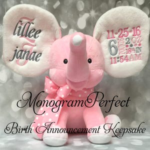 New Exclusive Light Pink Personalized Birth Announcement Elephant Stuffed Animal