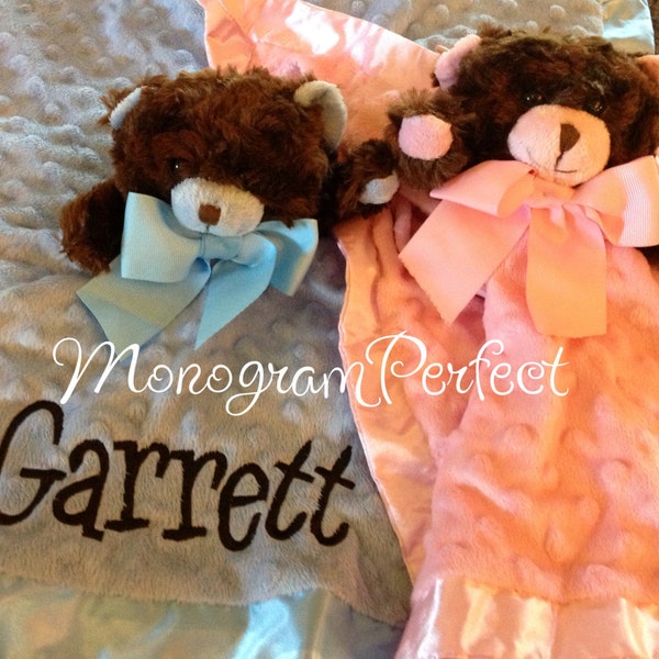 Personalized Blue or Pink Teddy Bear Lovie Security Blanket