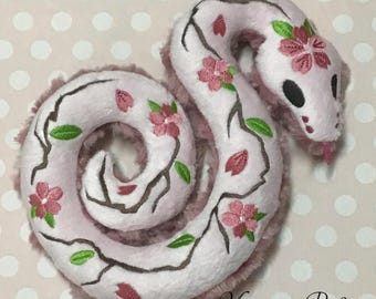 Cherry Blossom Snake Plush – Decorative Embroidered Serpent - 8" x 6" (not personalized)