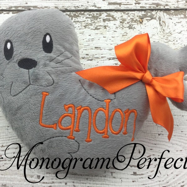 Landon is Already Personalized on this Gray Seal Stuffed Animal Soft Toy