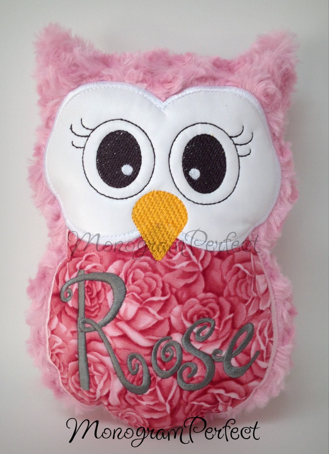 Rose is Already Personalized on this Pink Rose Owl Stuffie - 8.5" x 6.5"