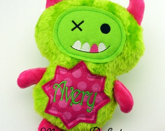 AVERY - Already Personalized  Lime Green & Hot Pink Monster Stuffed Animal Plush Doll (Ready To Ship)