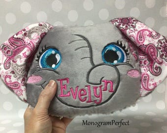 Personalisierte Grau & Pink Plüsch Elefantenkopf Stofftier Stofftier, Kissen - 14,5 "x 7"