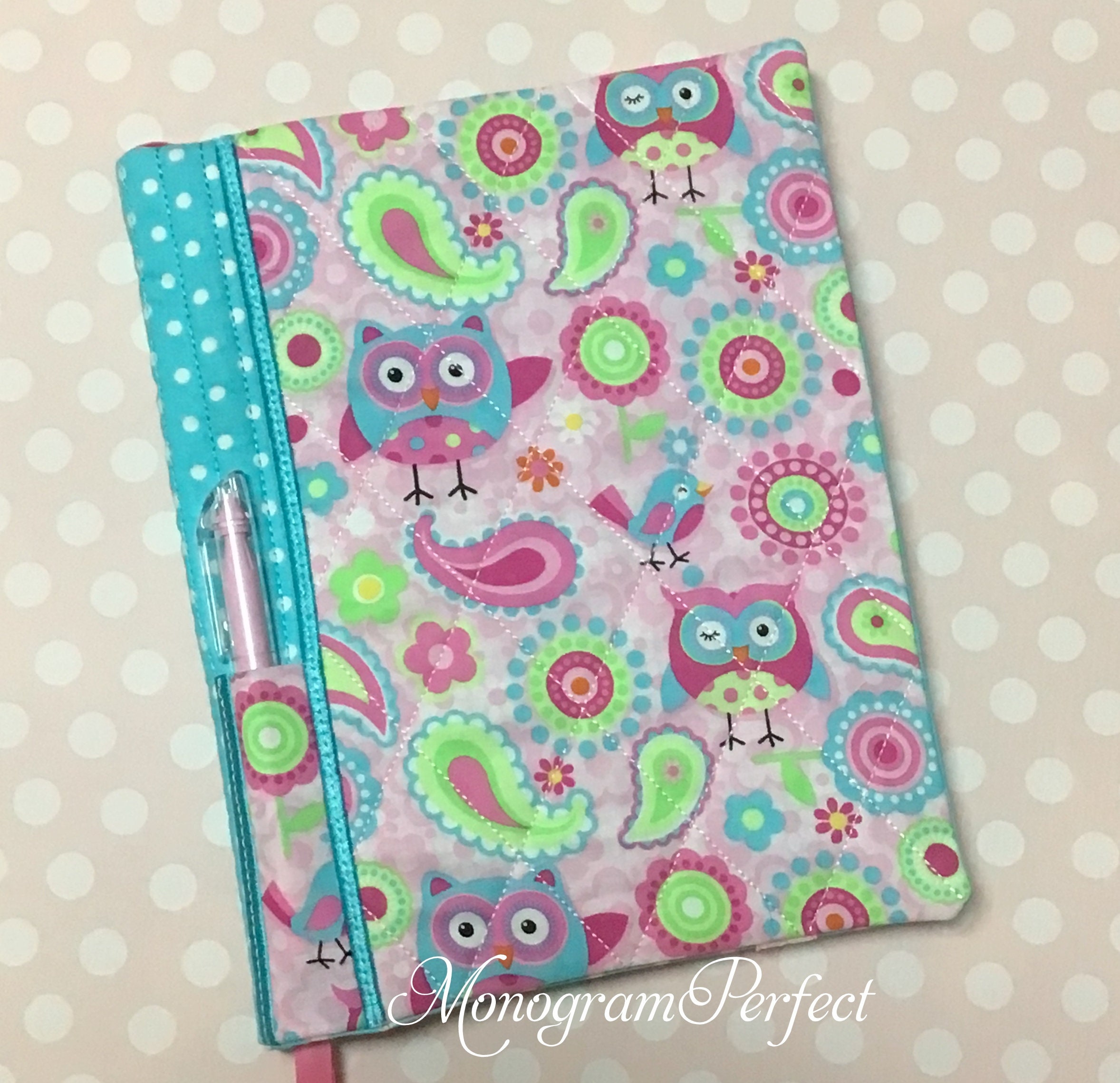 Pink and Blue Owl Print Polka Dot Fabric Composition Reusable Notebook Cover with Pen Holder (Pen no
