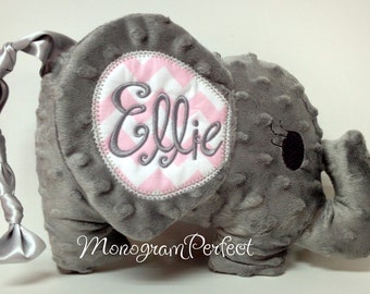 Personalized Floppy Ear Gray & Light Pink Chevron Plush Stuffed Elephant Soft Toy, Pillow
