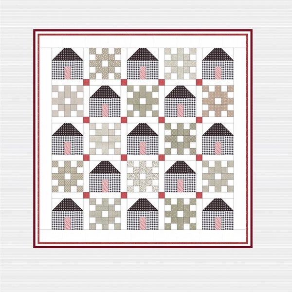 PATTERN:   Snow Village by Gigi's Thimble - GT731 -Throw Size - 66-1/2" Square - Modern - House Quilt - Scrappy - Red - Gray - Snowflakes