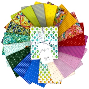 May include: A collection of 20 fabric squares in various colors and patterns, including green, yellow, blue, red, and pink. The fabrics feature stripes, polka dots, floral designs, and geometric patterns. The fabrics are arranged in a circle, with a white box in the center that says "Free Spirit".