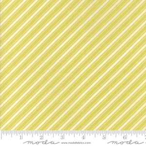 May include: Yellow fabric with diagonal white stripes. The fabric has a repeating pattern of thin white stripes against a yellow background. The fabric is measured in inches.