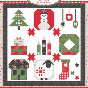 May include: A sampler quilt pattern with a Christmas theme. The pattern includes a snowman, a Christmas tree, a stocking, a house, a wreath, a gift, candles, and ornaments. The pattern is titled "#208 Cuddle Up Sampler" and is by Coriander Quilts.