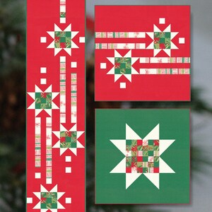 May include: A quilting pattern for a table runner and pillow covers featuring a red background with white stars and green accents. The pattern is called "Showering Stars" and is by Robin Pickens Quilt Patterns.