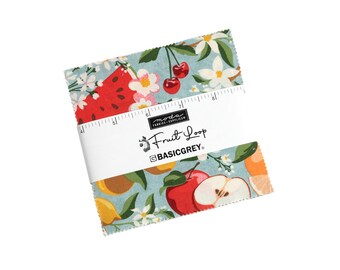 FRUIT LOOP - #30730 - Charm Pack - by Basic Grey for Moda - 5 inch Squares - Retro - Fruit - Florals