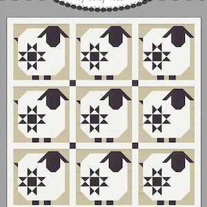 May include: A quilt pattern featuring a grid of sheep with star-shaped designs. The sheep are white with black faces and ears, set against a beige background. The text "Coriander Quilts" and "#188 Wooly Stars" are also visible.