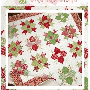 May include: A quilt pattern featuring a white background with red and green star-shaped blocks. The quilt is titled "Ribbons and Bows" and is available from The Pattern Basket, Margot Languedoc Designs. www.thepatternbasket.com