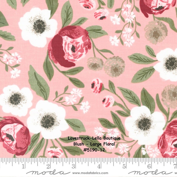 CLEARANCE - REMNANT - LOVESTRUCK - #5190-12 - **14" Piece ** - Blush - Florals - Roses - Large Floral Print  - by Lella Boutique for Moda