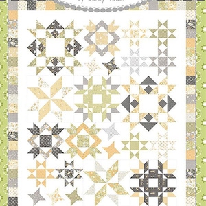 May include: A quilt pattern titled "Coriander Quilts by Corey Yoder" with a star-themed design. The quilt features various star blocks in shades of yellow, gray, and green. The text "#191 Joy Filled" is at the bottom.