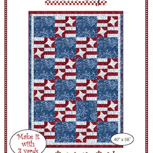 May include: A quilting pattern for a patriotic quilt featuring a red, white, and blue star design. The pattern is called "Patriotic Pride" and measures 40 inches by 58 inches. It requires 3 yards of fabric.