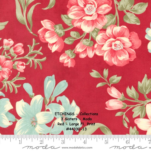 ETCHINGS - #44330-13 - Red - Large Floral - 1/2 YARD - Collections for a Cause - 3 Sisters - Howard Marcus - Parkinson's Foundation