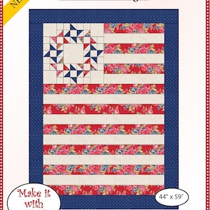 May include: A quilting pattern for a red, white, and blue quilt with a star design in the center. The pattern is called "Freedom" and is 44 inches by 59 inches. The pattern is made by Fabric Cafe.