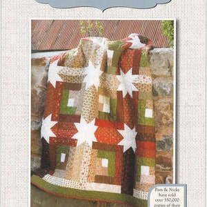 May include: A quilt pattern titled "Just One Jelly Roll" featuring a Log Cabin Hidden Stars design. The quilt measures 60 inches by 60 inches. The pattern includes white star shapes and various earth-toned fabrics.
