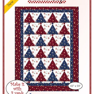 May include: A quilting pattern for a Christmas Forest quilt. The pattern features red and blue triangles arranged in a repeating pattern to create a forest of Christmas trees. The pattern is 43 inches by 59 inches and requires 3 yards of fabric.