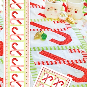 May include: A quilting pattern for a table runner, table topper, and placemats featuring a candy cane design. The pattern is called "Candy Cane Lane" and is by Fig Tree & Co.