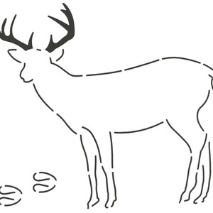 May include: A line drawing of a deer with antlers and two sets of footprints below.