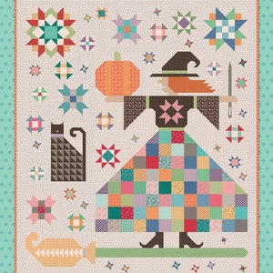May include: A colorful quilt pattern featuring a witch with a black hat and broom, a black cat, a pumpkin, and stars. The quilt is titled "The Quilted Witch" and is designed by Lori Holt for Bee in my Bonnet Co.