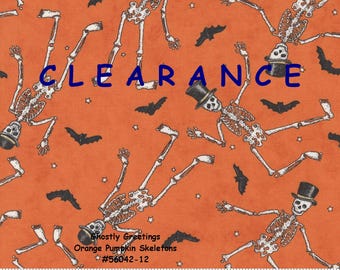 CLEARANCE - GHOSTLY GREETINGS - #56042-12 - One Yard - Pumpkin - Orange - Skeletons - Bats - by Moda - Deb Strain - Halloween - Backing
