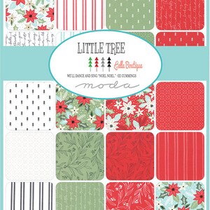 Może przedstawiać: Kolekcja tkanin świątecznych o nazwie "Little Tree" autorstwa Bella Boutique. Kolekcja zawiera r&oacute;żne wzory o tematyce świątecznej, w tym czerwono-białe paski, zielone choinki i kwiaty poinsecji. Tekst "We'll dance and sing 'Noel Noel' - EE Cummings" jest r&oacute;wnież zawarty.