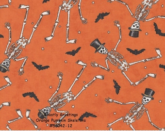 GHOSTLY GREETINGS - #56042-12 - One Half Yard - Pumpkin - Orange - Skeletons - Bats - by Moda - Deb Strain - Halloween - Backing