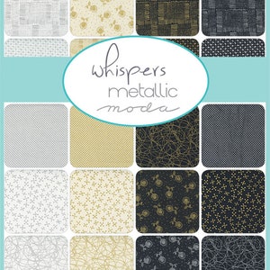 May include: A collection of 12 fabric squares featuring a variety of geometric and floral patterns in black, white, and gold. The fabric squares are arranged in a grid pattern and are labeled "Whispers Metallic Moda".