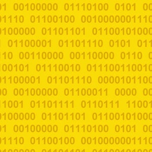 May include: A yellow background with a repeating pattern of binary code, consisting of 0s and 1s.