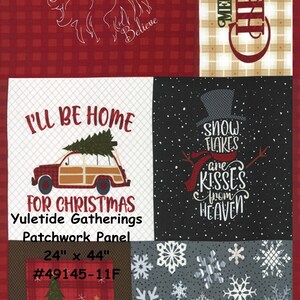 May include: A Christmas-themed patchwork panel featuring a variety of festive designs, including a Santa Claus, a snowman, a car with a Christmas tree, and snowflakes. The panel is 61 cm by 112 cm and is titled "Yuletide Gatherings Patchwork Panel".
