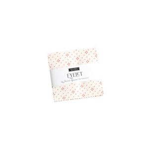 May include: A white fabric square with a red eyelet pattern. The fabric is labeled "Eyelet" by Moda Fabrics.