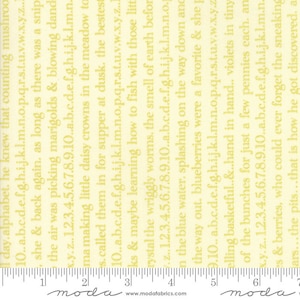 May include: Yellow fabric with a white background featuring a repeating pattern of text. The text includes the alphabet, numbers, and words like "marigolds", "meadow", "suppper", "blueberries", "violets", and "pennies".