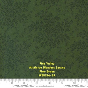 May include: Pine Valley Mistletoe Blenders Leaves fabric in Pine-Green colour with a small-scale leafy pattern. The fabric is shown with a ruler and the text #30746-19.
