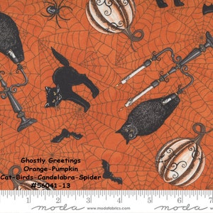 May include: Orange fabric with a Halloween theme featuring black cats, owls, bats, pumpkins, and spiderwebs. The text "Ghostly Greetings Orange-Pumpkin Cat-Birds-Candelabra-Spider #56041-13" is printed on the fabric.