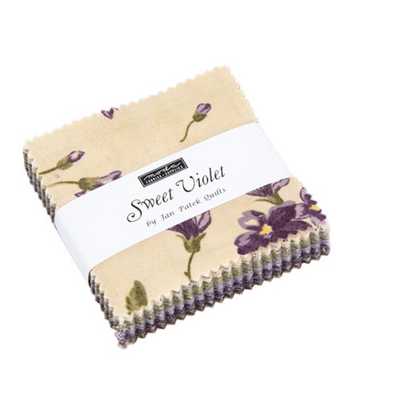 SWEET VIOLET - Mini Charm Pack - 2220 - Jan Patek Quilts - Moda - Ivory - Green - Purple - Violets - Floral Print - Village - Cupcake Mixes