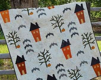 PATTERN:  31 Haunting Street - #217 - 65" x 75" - Modern - Halloween - Houses - Bats - Pumpkins - Trees - Large Throw Quilt - Twin Quilt