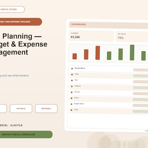 Può includere: Un modello di foglio di calcolo digitale per la pianificazione dei pasti, il budget e la gestione delle spese. La dashboard presenta un grafico a barre, un budget pianificato di 3.240 £ e uno stato di avanzamento del 73%. Testo: Orvex Digital Studio, 15 schede, modificabile, riutilizzabile, file Microsoft Excel .xlsx.