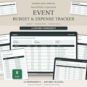 Foglio di calcolo Excel modificabile per il monitoraggio del budget e delle spese di pianificazione eventi.