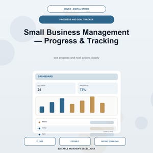 Op de afbeelding: Een digitaal dashboard-sjabloon voor het beheer, de voortgang en de tracking van kleine bedrijven voor Microsoft Excel. De interface toont records, een voortgangsindicator van 73% en een staafdiagram met blauwe en gouden staven.