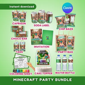 Può includere: Un set per feste a tema Minecraft che include articoli stampabili come etichette per Caprisun, etichette per bibite, sacchetti di patatine, incarti per cioccolato, etichette, un invito, sacchetti regalo, fogli da colorare, un topper per torta ed etichette per bottiglie d'acqua con accenti verdi.