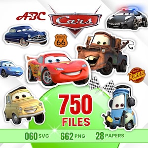 Puede incluir: Una colección digital de gráficos de personajes de Disney Pixar Cars que incluye a Rayo McQueen, Mate y otros vehículos. La imagen presenta el logotipo de Cars, una señal de la Ruta 66, el emblema Rust-eze y el texto 750 FILES, 060 SVG, 662 PNG, 28 PAPERS.