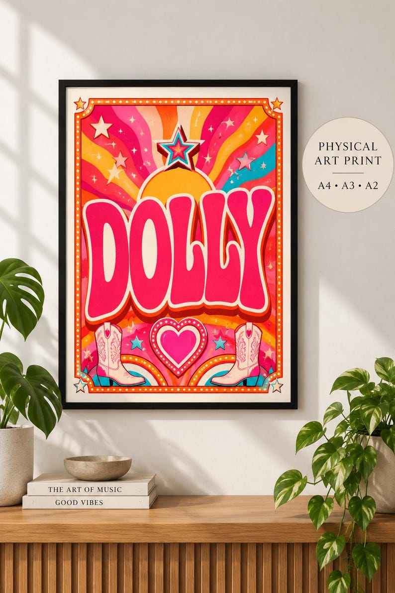 Retro western Dolly wall art with wavy pink, orange and yellow lettering